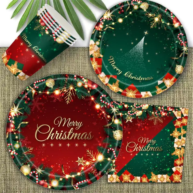 Christmas Party Disposable Tableware Sets Decorations Red Green Christmas Tree Gift Print Paper Plates Tissue Paper Tablecloth