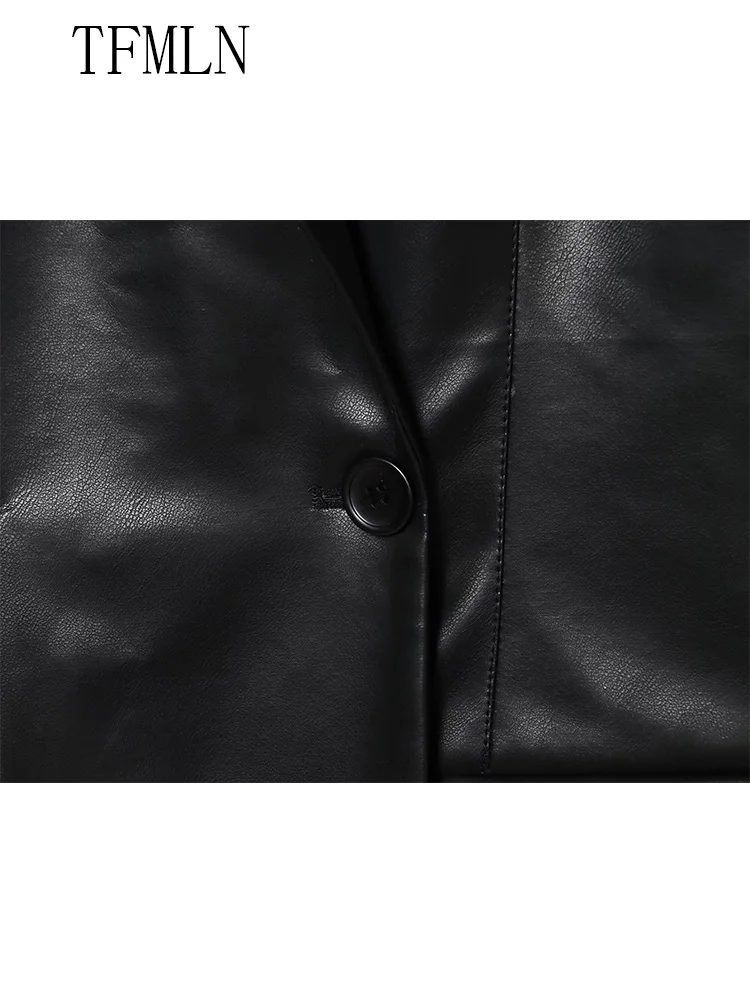 Fashion Women Slim Faux Leather Jackets 2025 Autumn Winter Notched Single Button Causal Chic Coats Full Sleeve Pockets Outwear