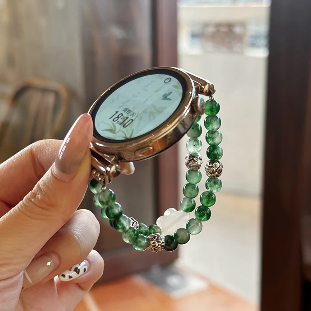 Retro Green Lotus Pattern Beaded Elastic Watch Band Bracelet