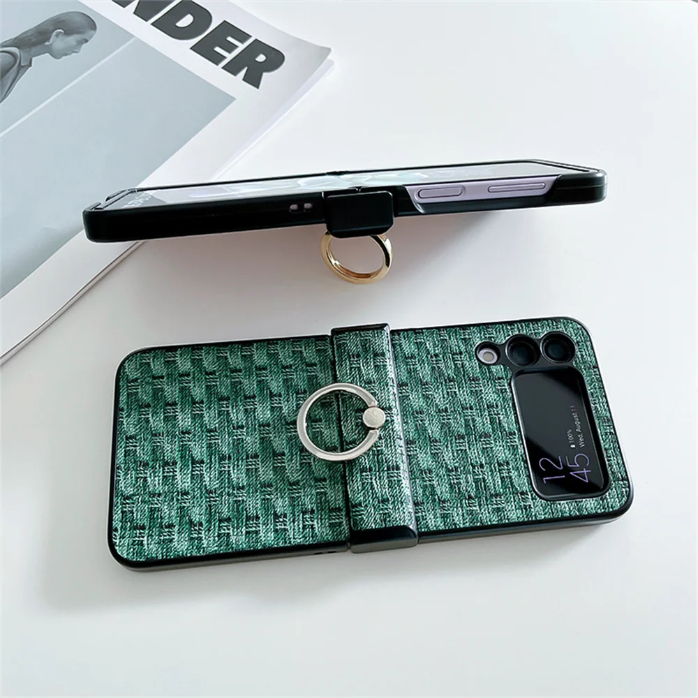 Luxury Weave Pattern Hinge Metal Finger Ring Holder Case - Shockproof Bumper Cover