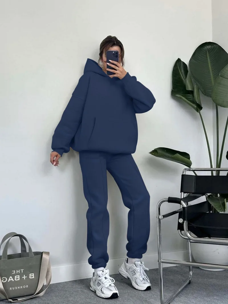 Fashion Sporty Two Piece Sets Women Outfit Long Sleeves Pocket Hooded Sweatshirt Tracksuit Fall Winter Casaul Fleece Pant Sets