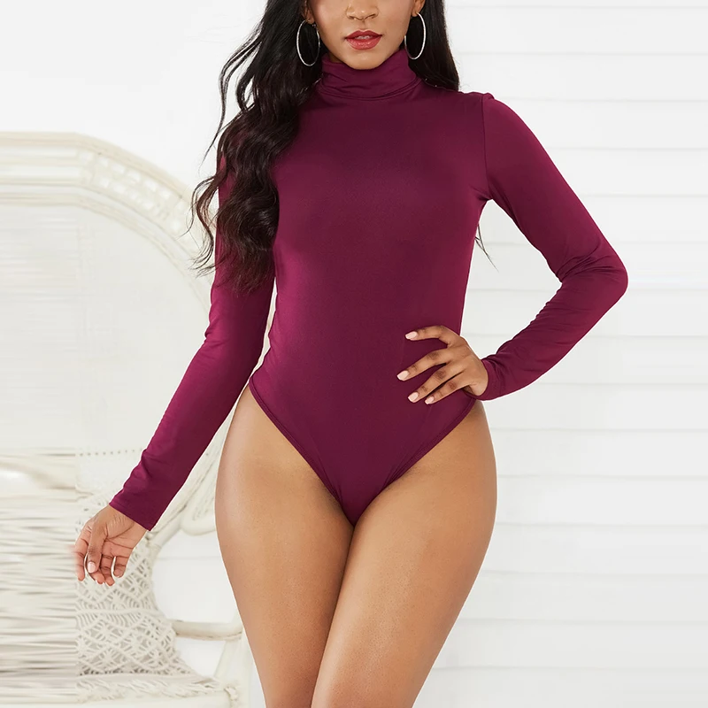 MISSJOY Women's Sexy autumn and winter high-necked bodysuit fashion long-sleeved solid color inner warmth ladies Romper