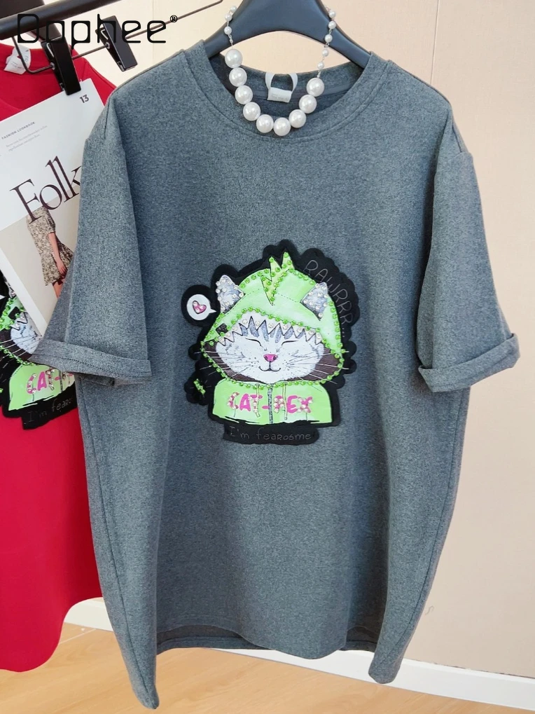 

Rhinestone Cartoon Printed Mid-Length Crew Neck Top Women's Clothing Autumn Winter Brushed Cotton Thick Short Sleeve T-shirts