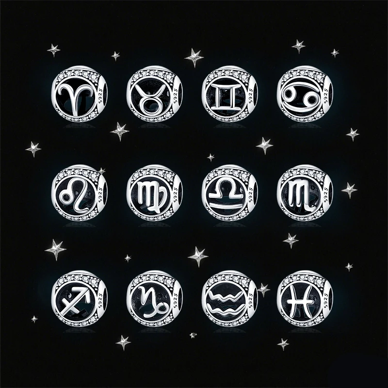 Original Charms 925 Sterling Silber 12 Konstellation Runde Charms Bead Fit 3mm 925 Original Armbänder Feine DIY Geburtstag schmuck
