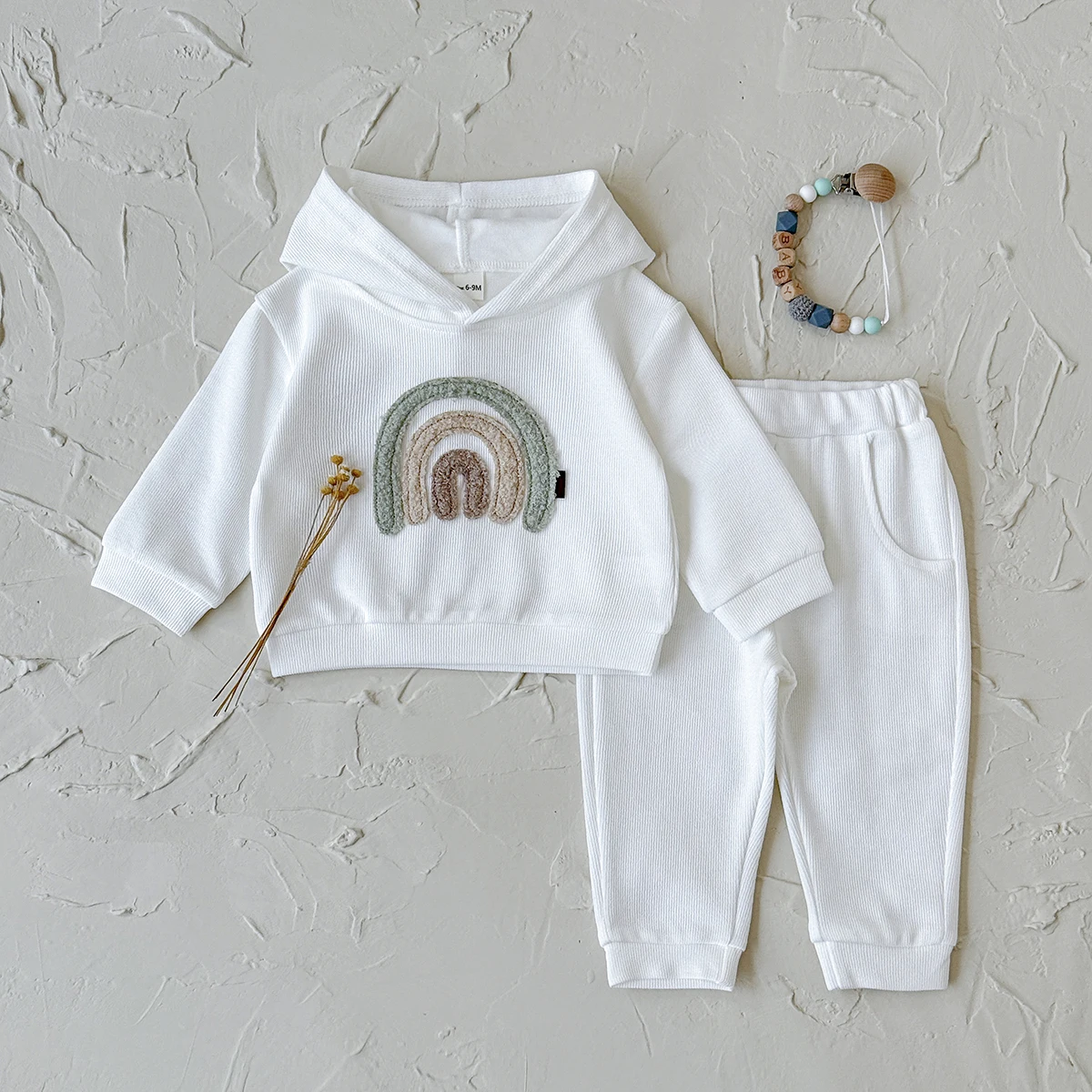 Description Picture 4 of itemSpring and Autumn New Rainbow Patch Cloth Long Sleeve Hoodie Long Pants Baby Clothes Casual Baby Two Piece Set Children
