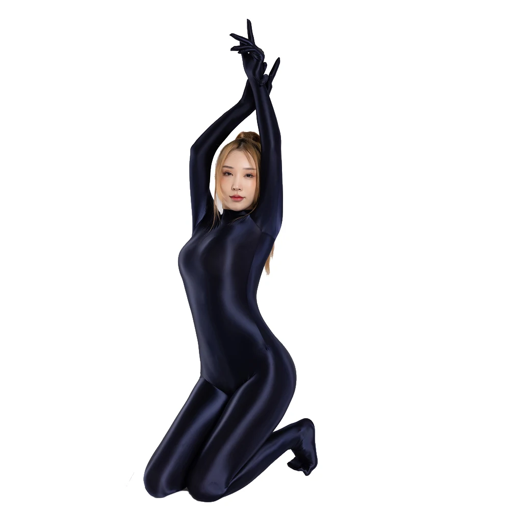 Shiny Glossy Satin Sexy Women's Long Sleeve Finger Gloves Zipper Back Full Length One-piece Bodysuit Silky Tights Zentai Catsuit cosplay costume adult unitard latex lingerie sexy fetish wear