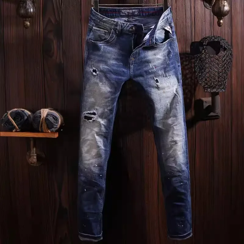 Streetwear Fashion Men Jeans High Quality Retro Blue Stretch Slim Fit Ripped Jeans Men Hole Patched Designer Vintage Denim Pants