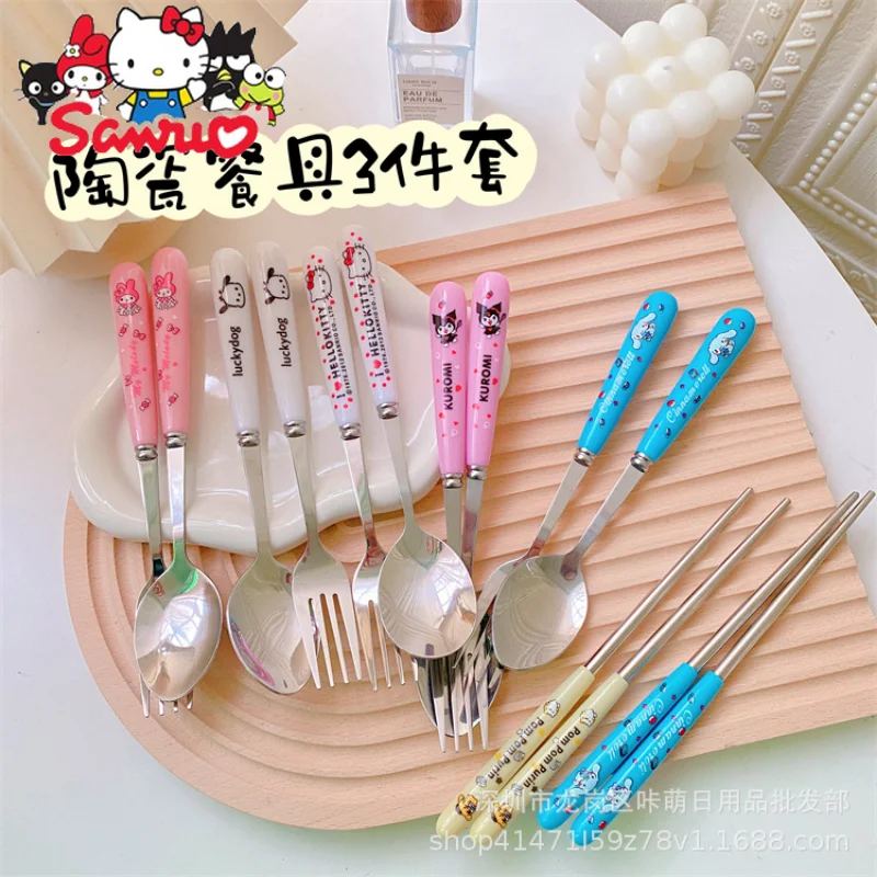 

Sanrio Melody Kuromi Hello Kitty Cinnamoroll Porcelain Tableware Set of 3 Soup Spoon Chopsticks Fork Stainless Steel Cutlery Set