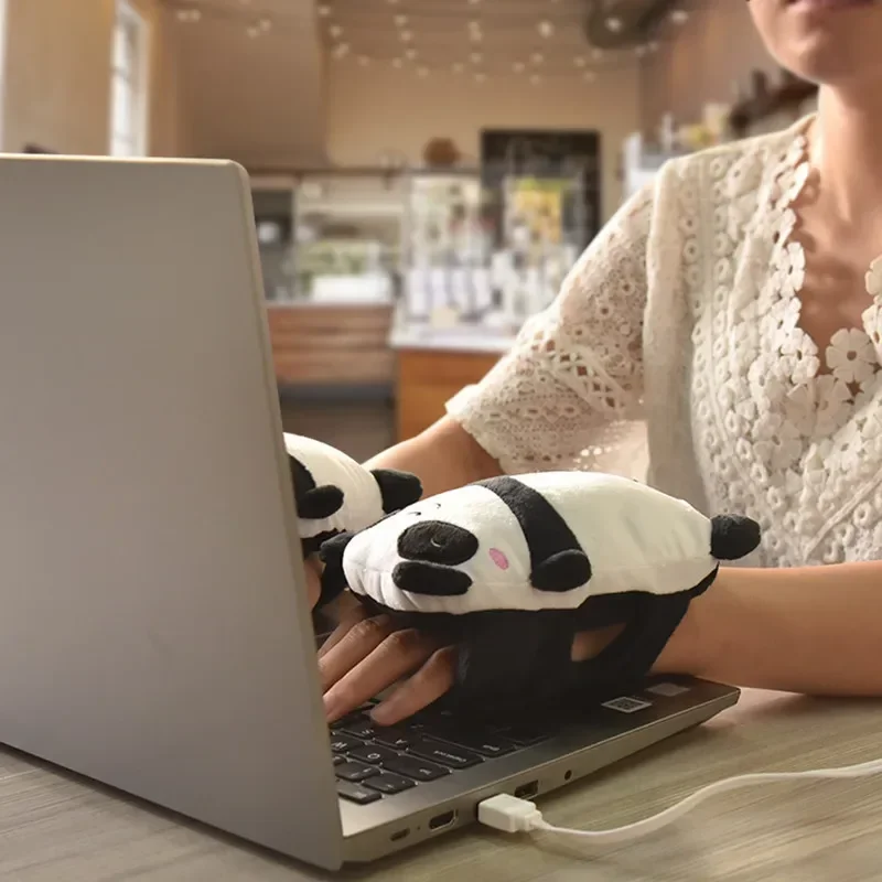 USB 1Pair Cute Panda Toast Shape Warm Gloves Heated Hand Warmer Heating Half Finger Winter Warm Gloves For Office Christmas Gift