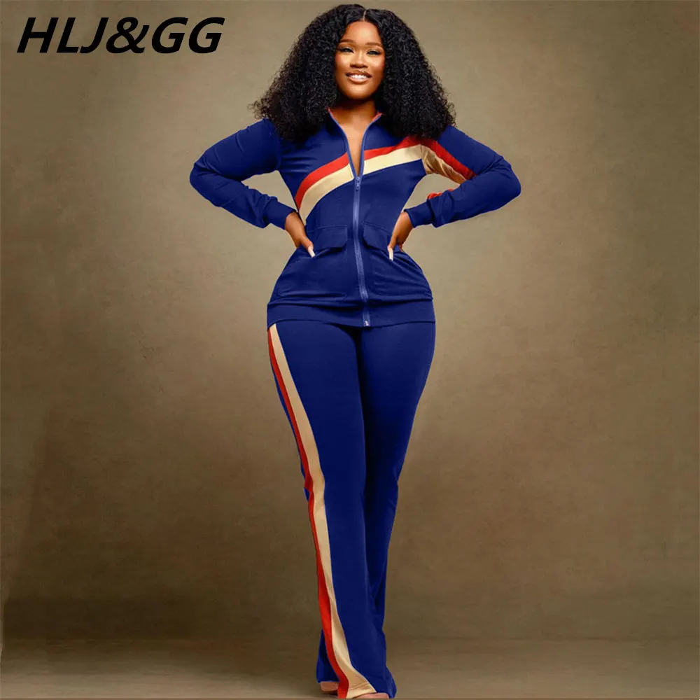 HLJ&GG Fall Winter Zip Patchwork Color Tracksuits Women Zipper Long Sleeve Coat And Pants Two Piece Sets Casual Matching Outfits