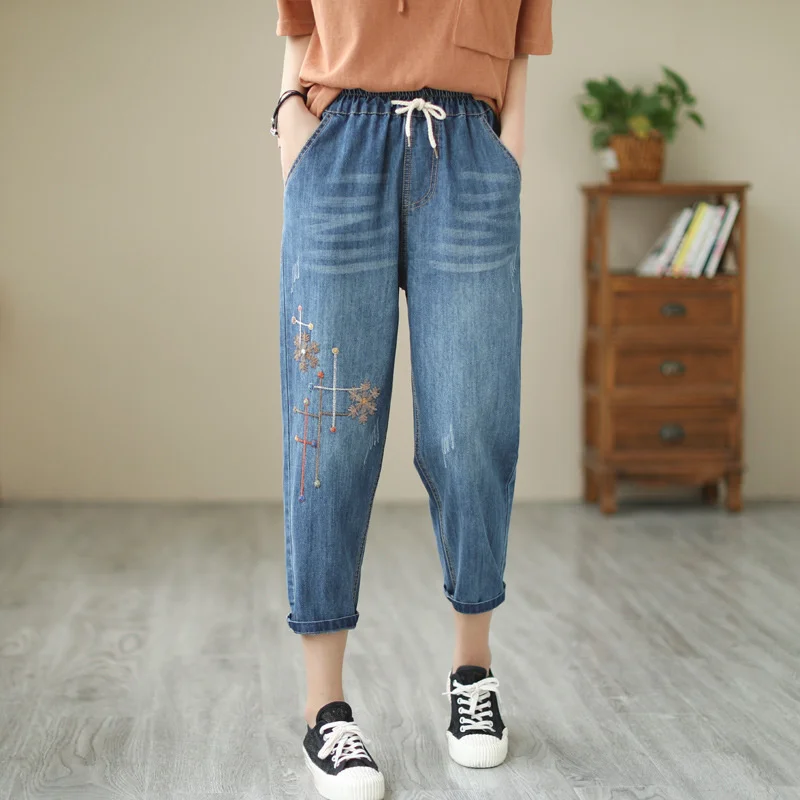 Women's Jeans Korean Capris Casual High Waist Baggy Pants Ladies Streetwear Vintage Floral Embroidery Denim Harem Trousers