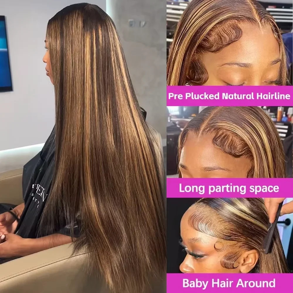 36 Inch 13x4 Highlight Straight Lace Front Human Hair 13x6 Lace Frontal Wigs P4/27 Ombre Honey Blonde Colored Wigs For Women