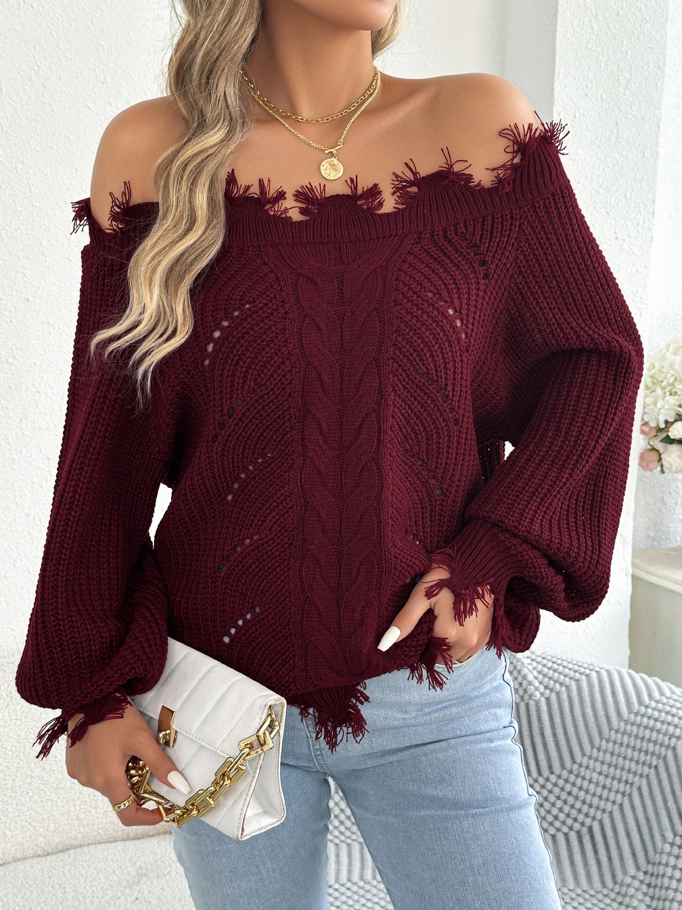 Autumn Winter Solid Color Off Shoulder Knitted Sweater
