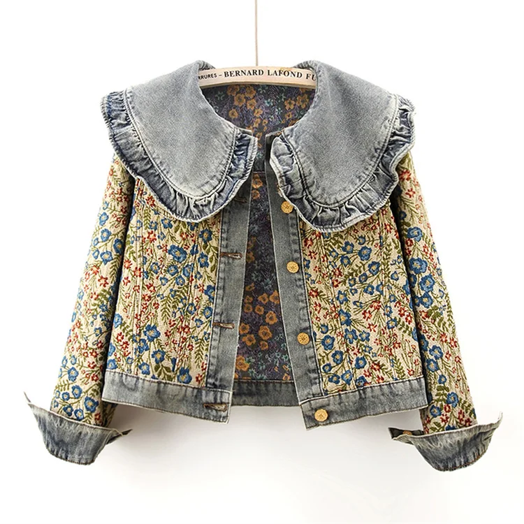 Stylish Autumn Denim Jacket with Jacquard Embroidery and Peter Pan Collar for Women-vestes novas