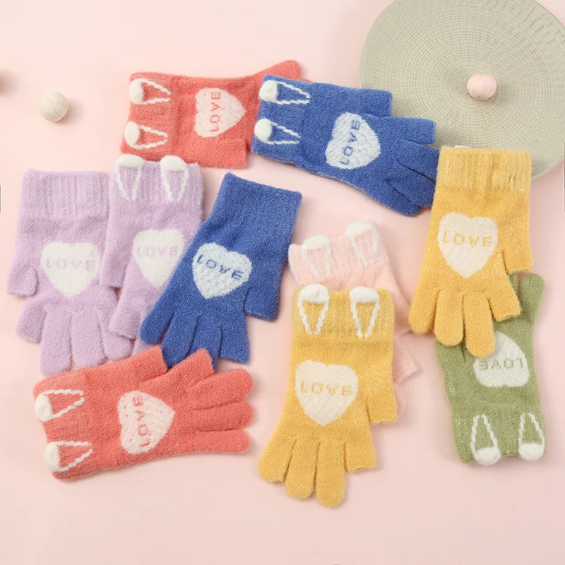 

6-12Years Cute Cartoon Rabbit Love Knitted Gloves Children Boys Girls Winter Warm Plush Students Write Mittens Accessories