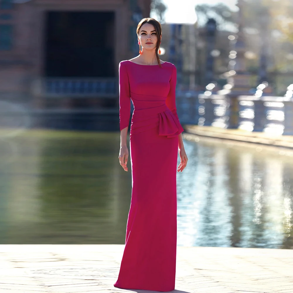 

Elegant Mermaid Mother of the Bride Dresses Jewel Neck 3/4 Sleeves Wedding Party Gowns Pleat Floor-Length 2024 فساتين السهرة