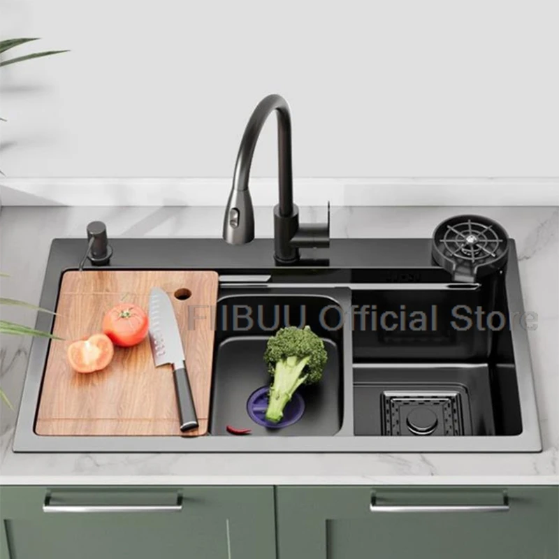 Large Capacity Kitchen Sink Multifunctional Single Bowl Stainless Steel Sink Vegetable Workstation With Faucet Drain Accessories