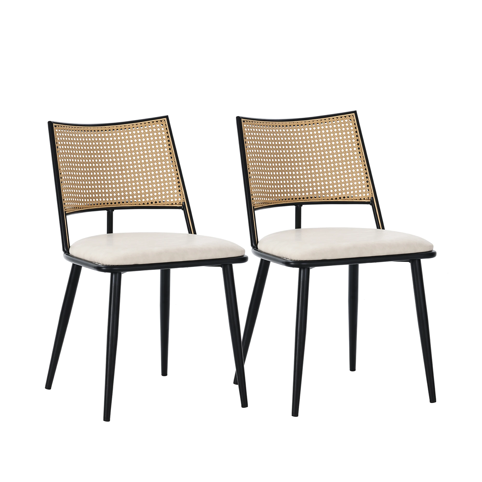 Schwarze Esszimmerstühle mit PU-Sitz und Rattan-Rückenlehne, ideal für Wohnzimmer oder Schlafzimmer. – Detail 9