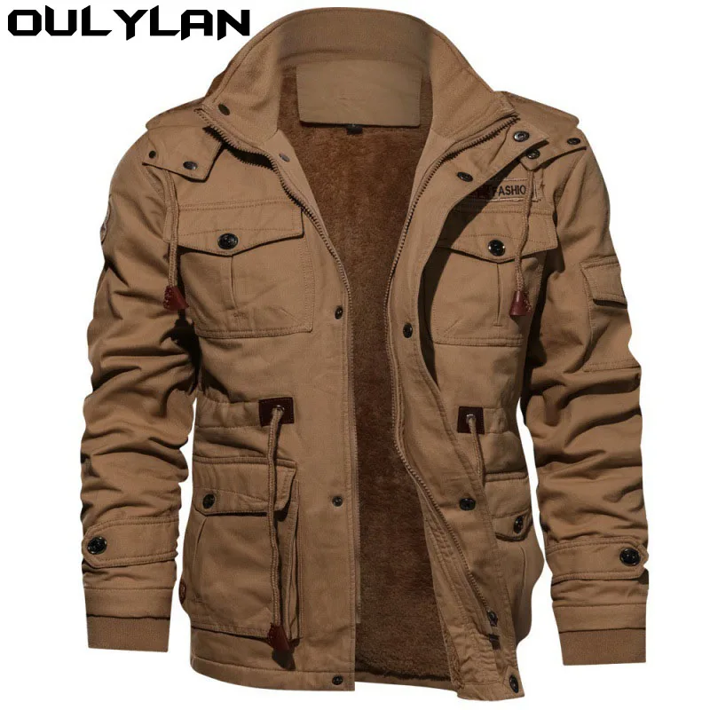 

Oulylan Men Jackets Plush Thickened Hooded Zipper Warm Solid Color Cotton Medium Long Work Clothes Male Bomber Tactical Coats