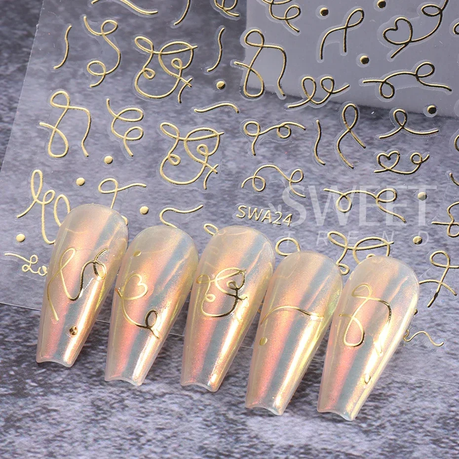 3D Bronzing Gold Silver Stripe Line Stickers for Nails Irregular line Heart Design Nail Art Decoration Decals Sliders Manicure