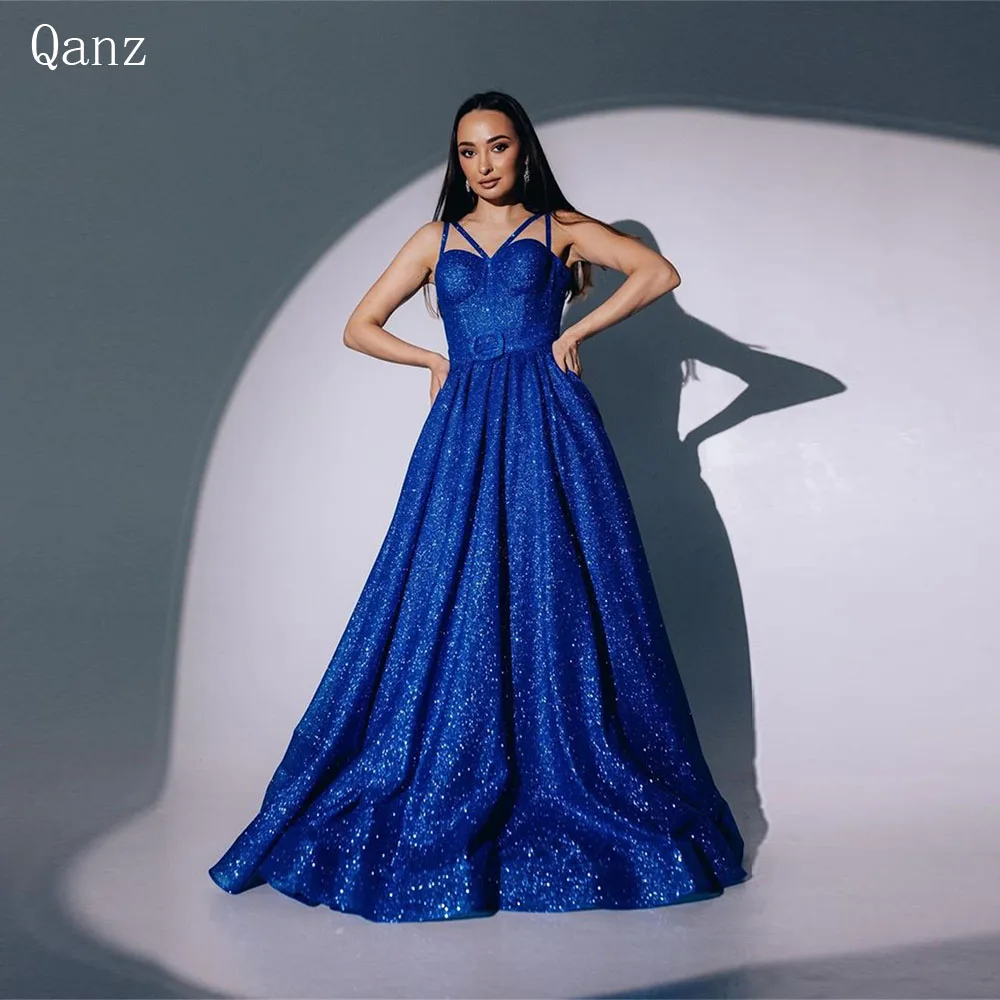 

Qanz Royal Blue Sparkle Satin Prom Dresses Glitter Spaghetti Straps Long A Line Corset Elegant Evening Dress Vestido De Fiesta