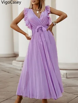 VigoCasey 2025 Summer Female Sexy Solid Evening Dress Women Ruffle Sleeveless Dress Lady Mesh V Neck Tight Club Long Dresses