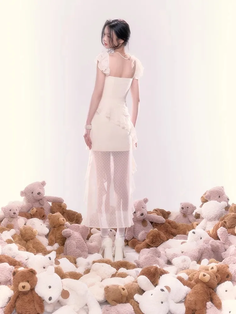 Y2K Irregular Ruffles Midi Dresses for Women Sleeveless Birthday Party Dress Prom Robe Korean Chic Summer New One Piece Vestido