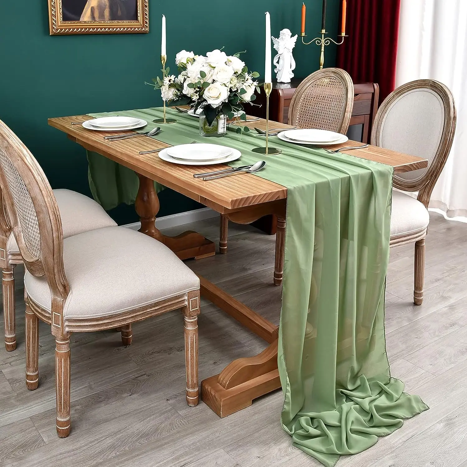 Description Picture 4 of itemSage Green Chiffon Wedding Table runner,Chair Sashes Gauze Sheer Vintage Birthday Party Festival  Aisle Wedding Arch Decor