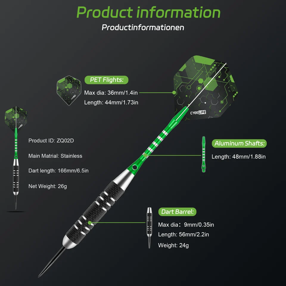 Set di 3 freccette CyeeLife da 26 g con alette standard in PET, aste in alluminio e punta in acciaio, con scatola portaoggetti._voghion.com