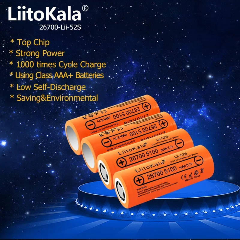 

Аккумуляторная литиевая батарея Liitokala, 3,7 в, 26700 мАч, 20 А, 5200 в, 3,7 мА, 4 шт.