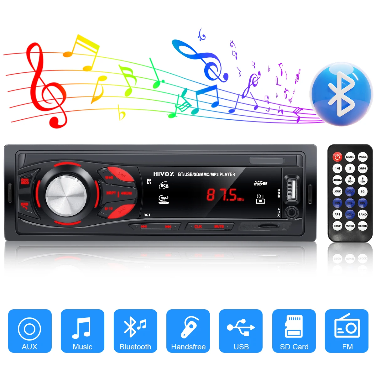 Car Radio Player HIVOZ Bluetooth 4x15W Car Audio FM MP3 Player USB/SD/AUX Hands Free Calling with Wireless Remote Control