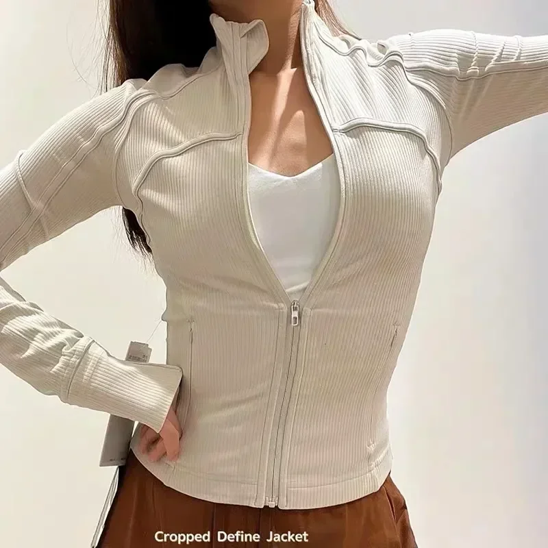

logo Women Ribbed Cropped Define Stand Neck Jacket Lightweight Breathable High Elastic Tight Sport Coat Outdoor Fitness Top