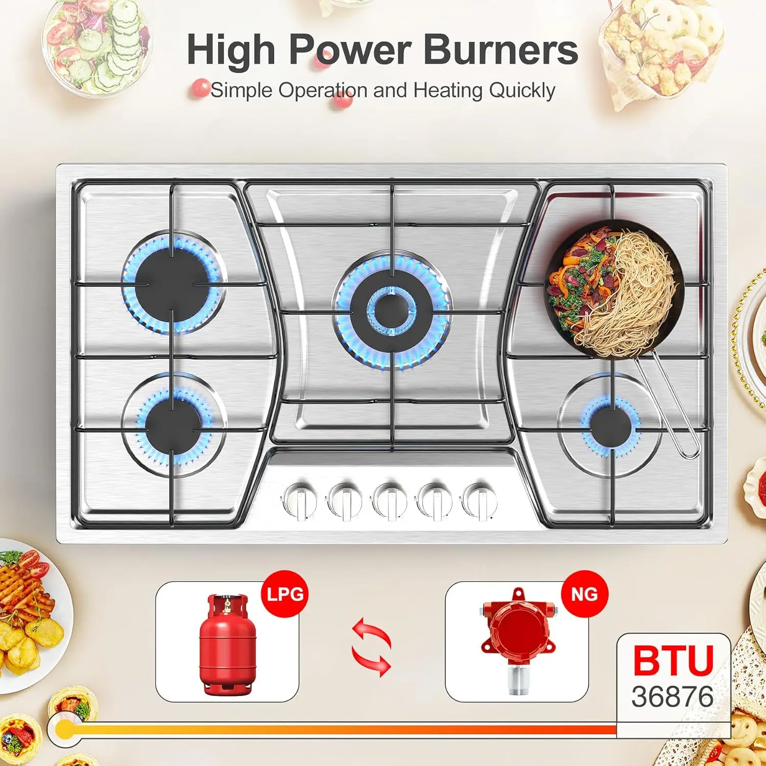 Stove Top Stainless Steel, Built-in Gas Propane Cooktops with Thermocouple Protection, NG/LPG Convertible, Electronic Ignition G 5