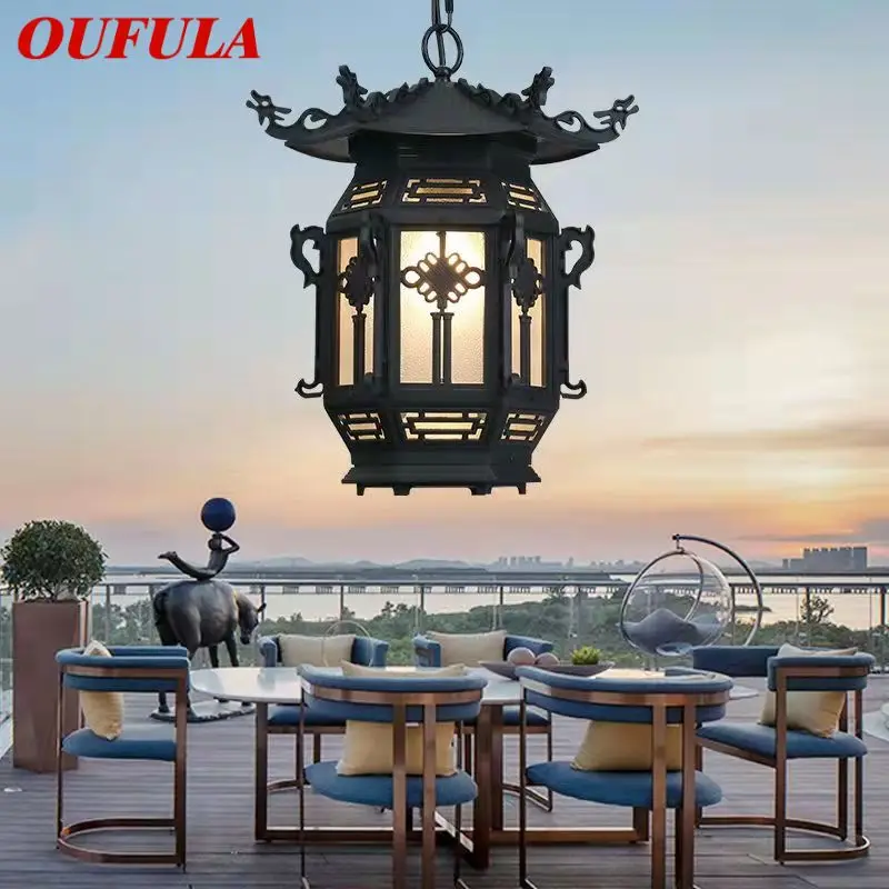 

OUFULA Chinese Lantern Pendant Lamps Outdoor Waterproof LED Black Retro Chandelier for Home Hotel Corridor Decor Electricity