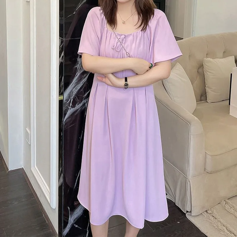 Simplicity Square Collar Pullover Womens Korean Pleated Lace-up Summer Clothes Purple Short Sleeve Plus Size Midi A-line Dresses