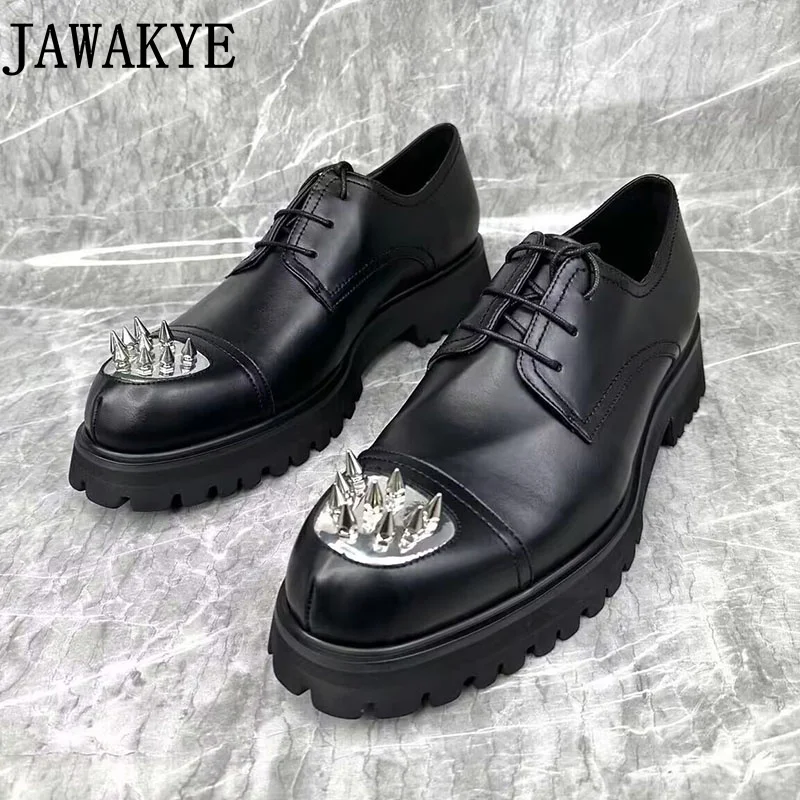 

Fashion Metal Rivet Personalized Derby Shoes Thick Sole Shiny Black Lace up Leather Shoes Men's Formal Business Office Shoes