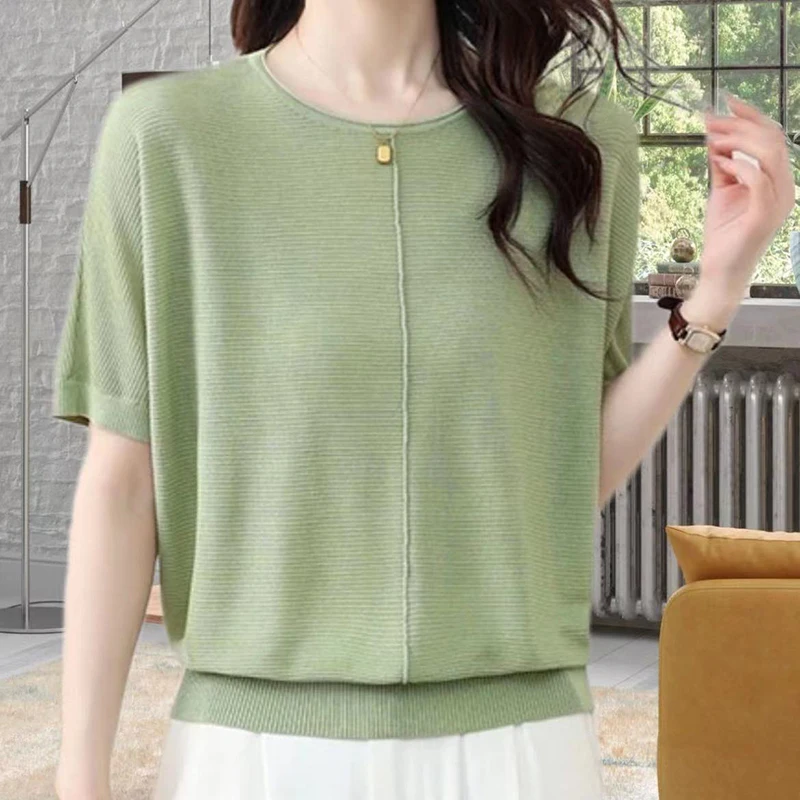 Fashion O-Neck Knitted Solid Color Batwing Sleeve Blouses Women's Clothing 2024 Summer New Loose Casual Tops Commuter Shirts
