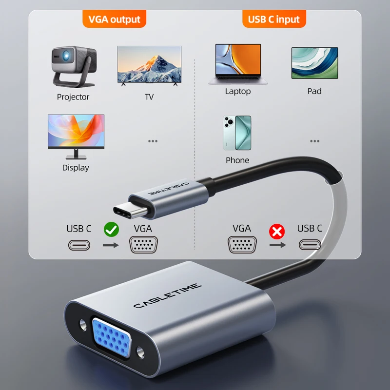 케이블타임 타입 C to VGA 어댑터 1080p 60Hz HD 케이블 컨버터 USB C 남성-여성 어댑터 (아이폰, 아이패드, PC 타입 C 기기용)