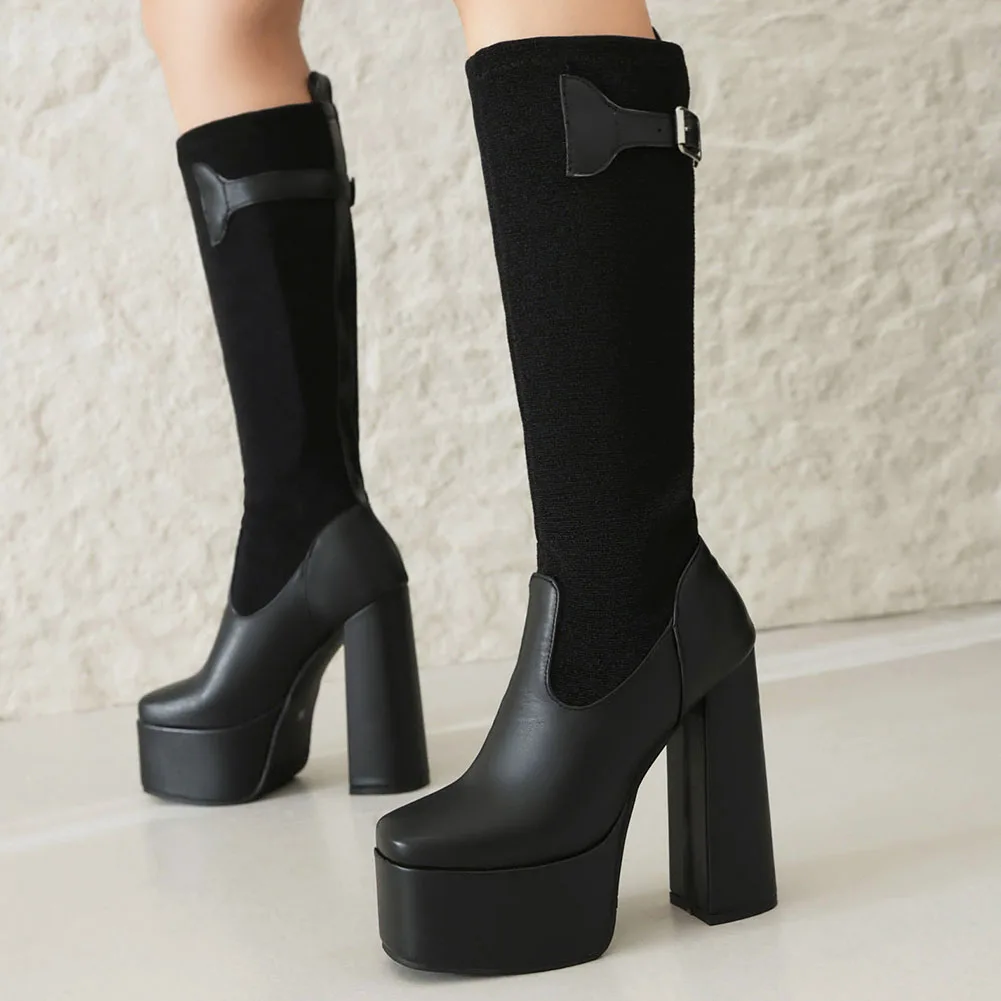 

Chunky Platform Thick Heeled Knee High Boots For Women Sexy Elegant Fashionable Black Combat Booties Winter Brand New Shoes