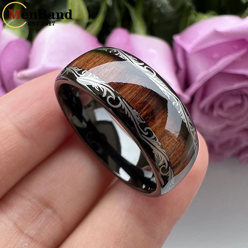 MenBand Vintage 8MM Leaf Veins Black Men Women Tungsten Carbide Wedding Band Ring Koa And Dark Red Wood Inlay Dome Comfort Fit 5