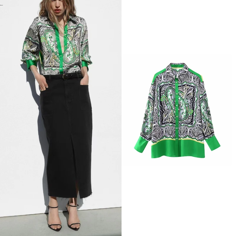 

New Women Printed Shirt Fashion Lapel Long-Sleeved Single-Breasted Loose Blouse Trend Contrast Stitching Casual Street Style