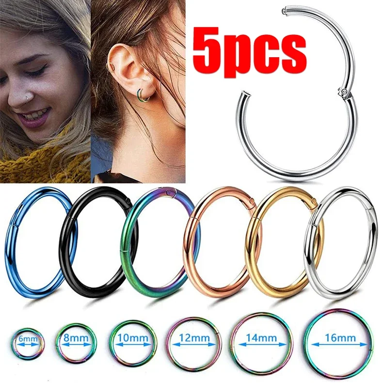 

5pcs Titanium Hinged Septum Clicker Segment Nose Ring Lip Ear Cartilage Ear Helix Body Piercing Jewelry Surgical Steel Ring Hoop