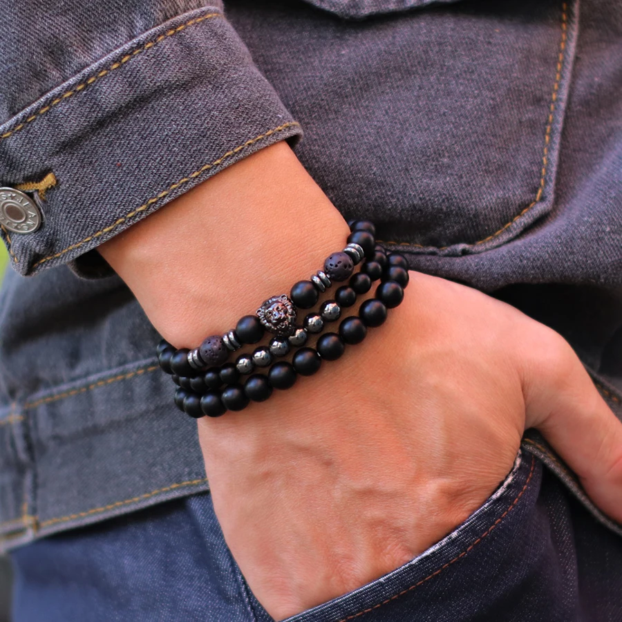 Men Black Onyx Stone Beaded Hematite Lion Bracelet