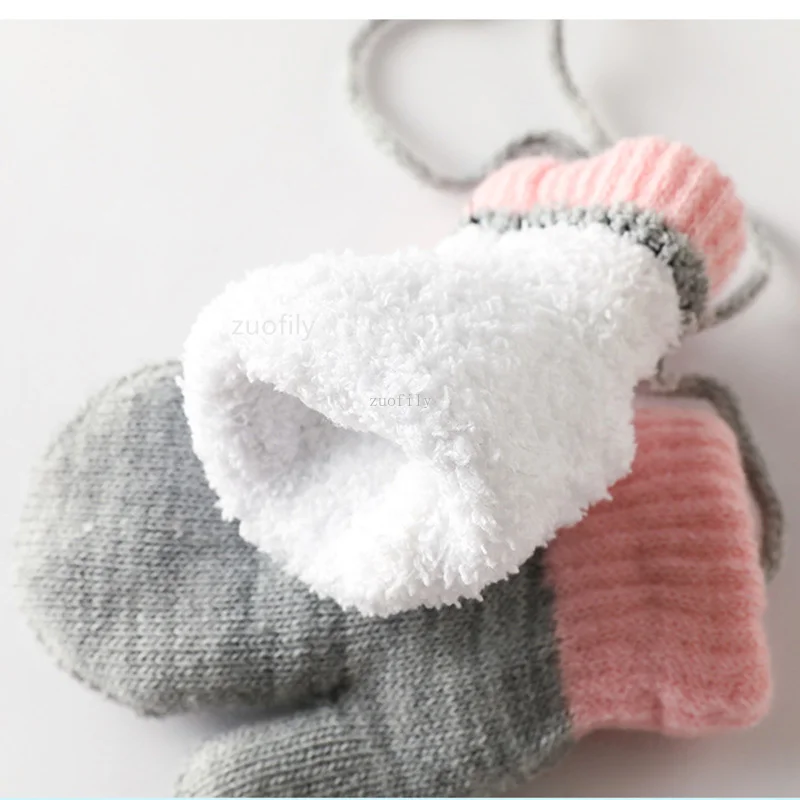 1-4Y Cartoon Bear Baby Wool Mittens Winter Warm Kids Girl Doll Gloves Knitted Children Toddler Thick Teething Mittens