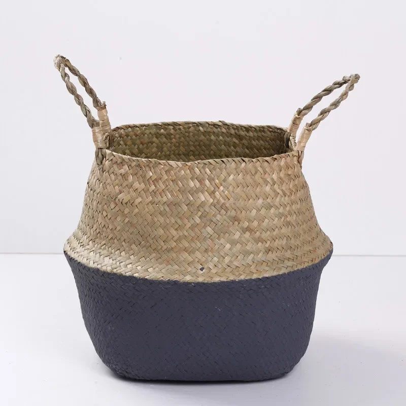 Handmade Bamboo Storage Baskets Foldable Laundry Straw Patchwork Wicker Rattan Seagrass Belly Garden Flower Pot Planter Basket