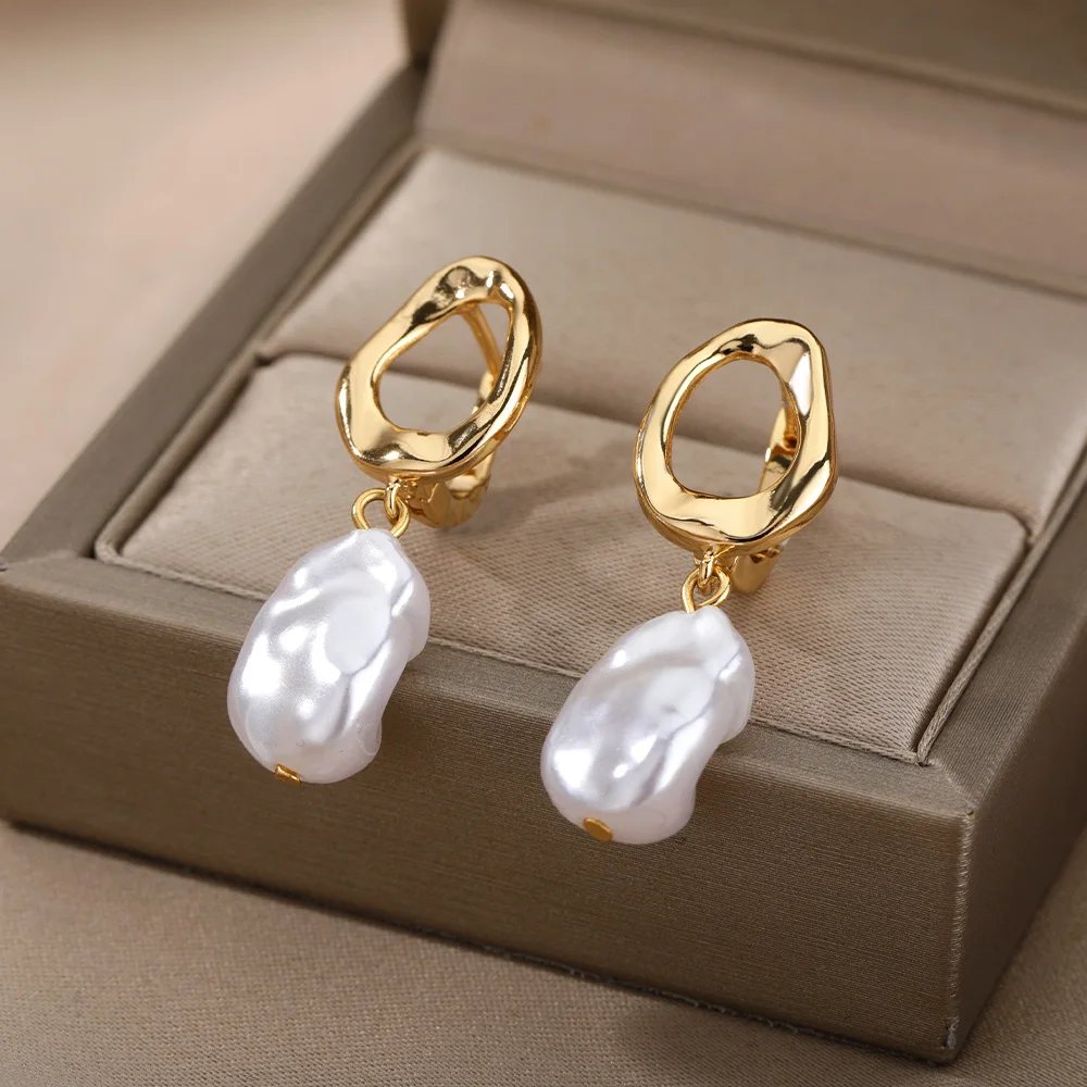 Circle Earrings For Women Vintage Punk Baroque Pearl Earrings Stainless Steel Ear Clip Women Jewelry Imitation Pearl Gift Mujer