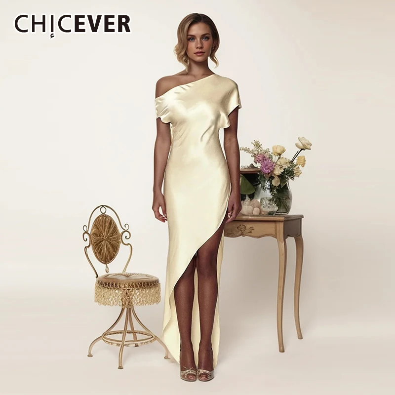 

CHICEVER Irregular Backless Dresses For Women Diagonal Collar Short Sleeve High Waist Folds Summer Split Thigh Dress Female New