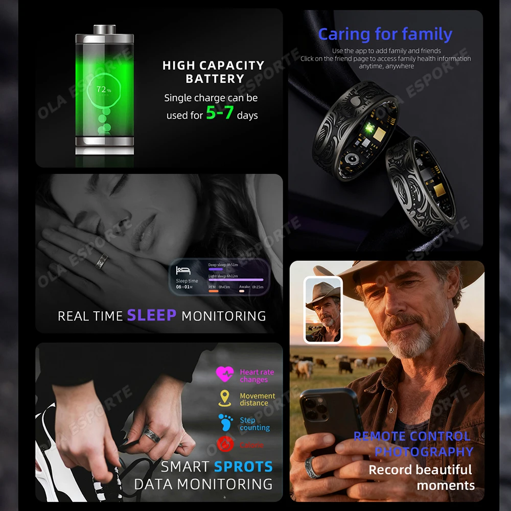 2025 New Smart Ring Men Women, Heart Rate Blood Oxygen, Blood Pressure Monitor, IP68 Waterproof Sports Smartring For Android IOS 2