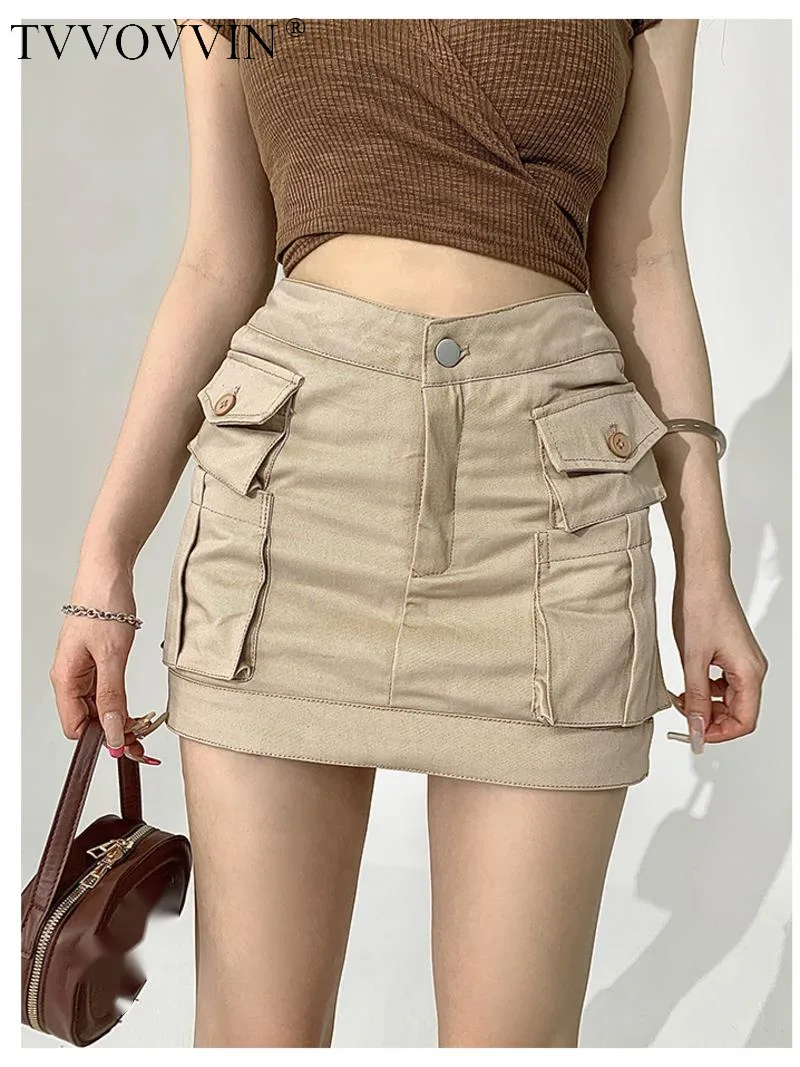 

TVVOVVIN American Retro Multi Pocket Short Skirt Women's 2023 Summer New Spicy Girl High Waist A-line Wrap Hip Short Skirt S9Y9