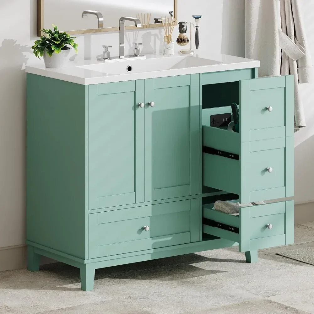 36" Modern  with USB Charging, Two Doors and Three Drawers , Small Bathroom Vanity Cabinet with Single Sink, Green 3
